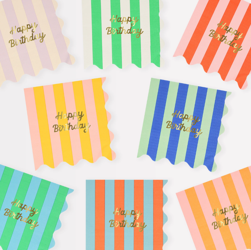 Meri Meri - Stripe Happy Birthday Large Napkins - Çizgili Happy Birthday Peçeteler (L) (x16)