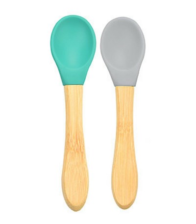OiOi Bambu Saplı Silikon Kaşık İkili Set, Aqua Green-Powder Grey Tabaklar OiOi