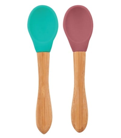 OiOi Bambu Saplı Silikon Kaşık İkili Set, Aqua Green-Velvet Rose Tabaklar OiOi
