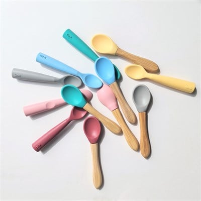 OiOi OiOi Bambu Saplı Silikon Kaşık İkili Set, Aqua Green-Mellow Yellow Tabaklar