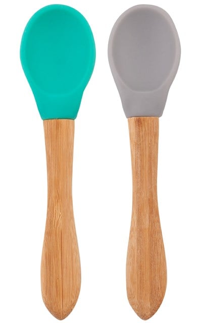 OiOi OiOi Bambu Saplı Silikon Kaşık İkili Set, Aqua Green-Powder Grey Tabaklar