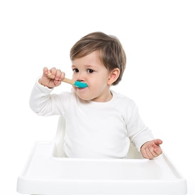 OiOi OiOi Bambu Saplı Silikon Kaşık İkili Set, Aqua Green-Mineral Blue Tabaklar