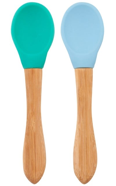 OiOi OiOi Bambu Saplı Silikon Kaşık İkili Set, Aqua Green-Mineral Blue Tabaklar
