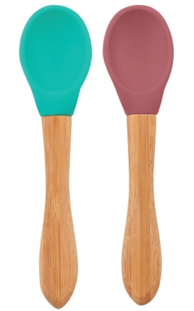 OiOi OiOi Bambu Saplı Silikon Kaşık İkili Set, Aqua Green-Velvet Rose Tabaklar