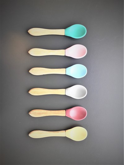 OiOi OiOi Bambu Saplı Silikon Kaşık İkili Set, Aqua Green-Mineral Blue Tabaklar