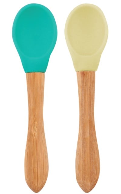OiOi OiOi Bambu Saplı Silikon Kaşık İkili Set, Aqua Green-Mellow Yellow Tabaklar