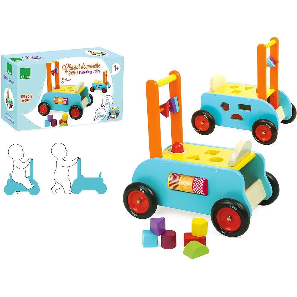 Vilac - 3 in 1 Push Along Trolley - İtmeli Şekil Oyunlu Araba