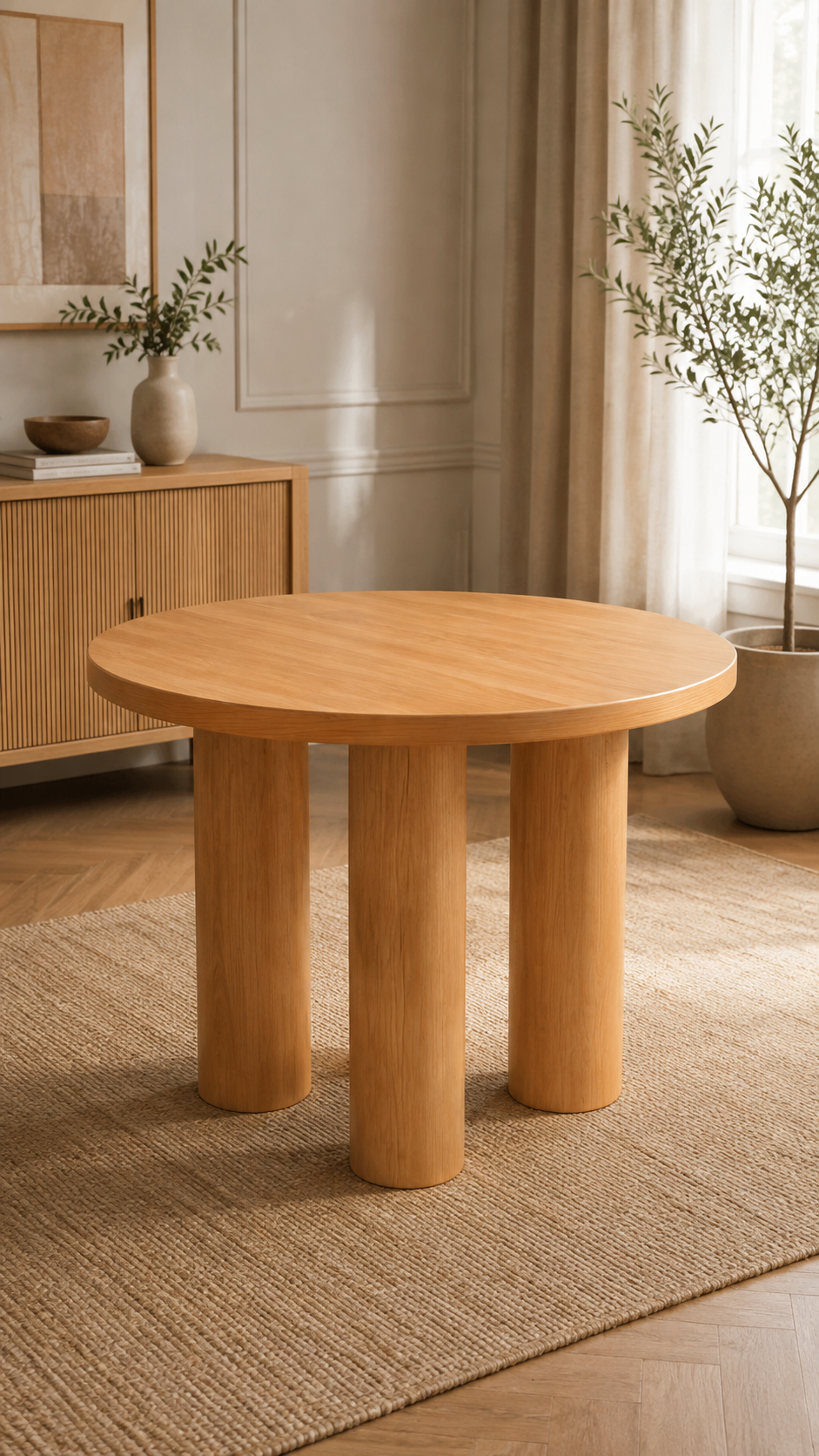 100 cm Yuvarlak Masif Ahşap Ayaklı Meşe Kaplamalı MDF Yemek Masası