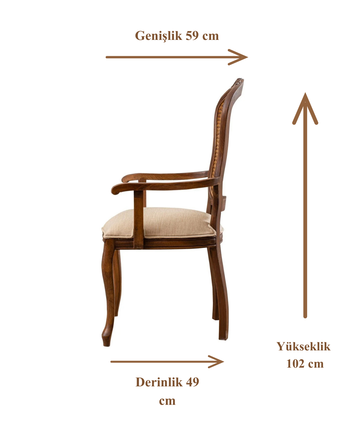 Afore Doğal Ahşap Kayın Ceviz Renk Hazeranlı Kolçaklı Sandalye Detaylı İşçilik Modern Şık Tasarım
