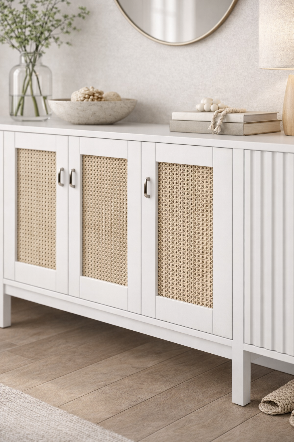 Ahşap Konsol – Hasır Kapaklı Modern Salon Konsolu – 180 cm