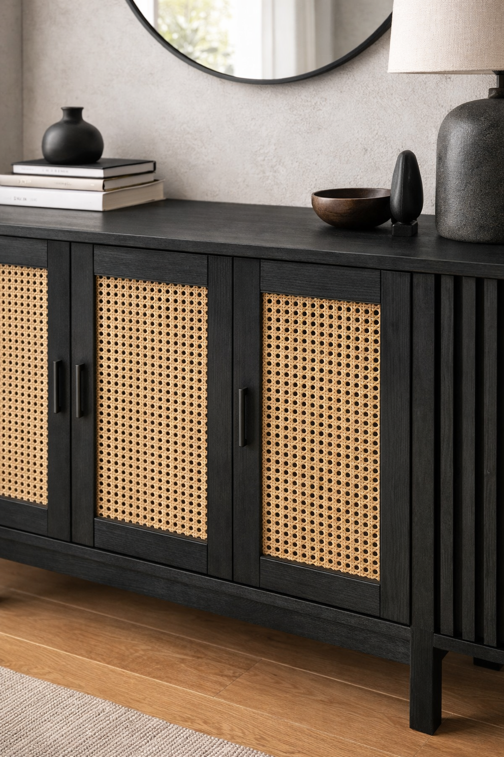 Ahşap Konsol – Hasır Kapaklı Modern Salon Konsolu – 180 cm