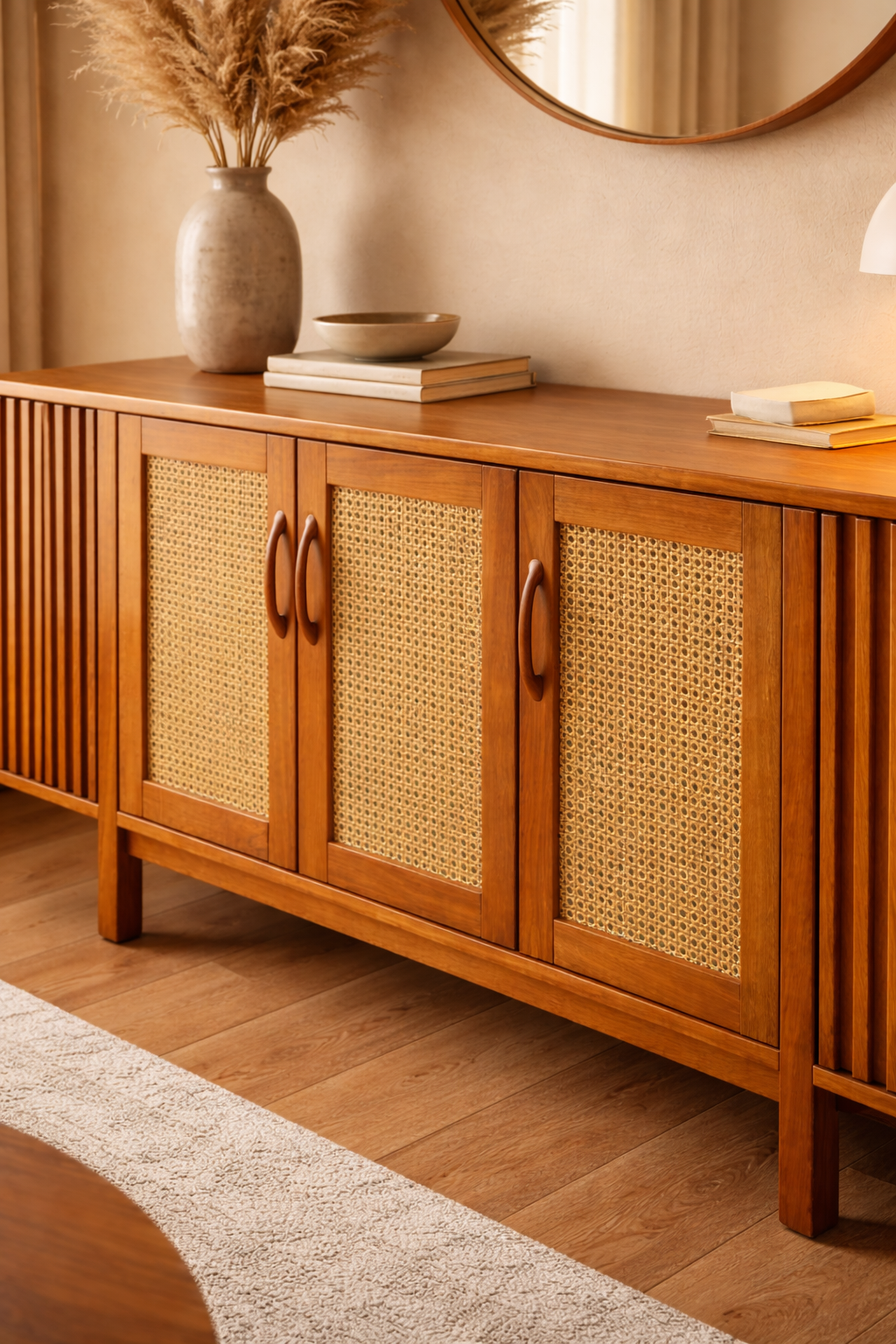 Ahşap Konsol – Hasır Kapaklı Modern Salon Konsolu – 180 cm