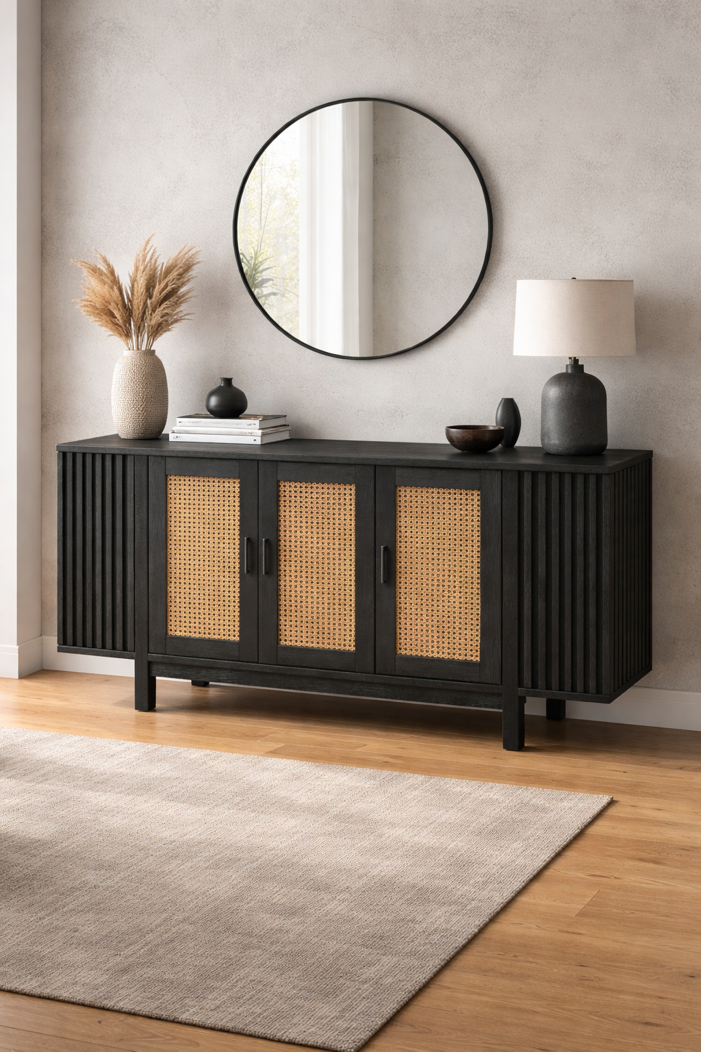 Ahşap Konsol – Hasır Kapaklı Modern Salon Konsolu – 180 cm