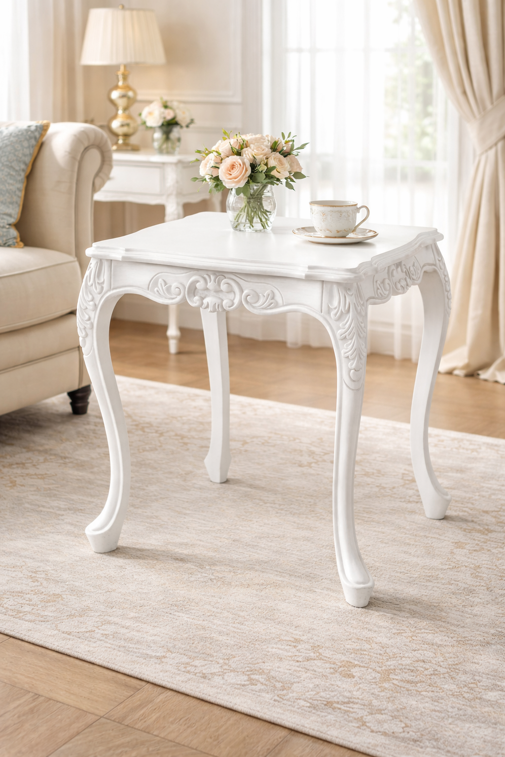 Ahşap Yan Sehpa – Oymalı Ayaklı Klasik Salon Sehpası – 53 cm