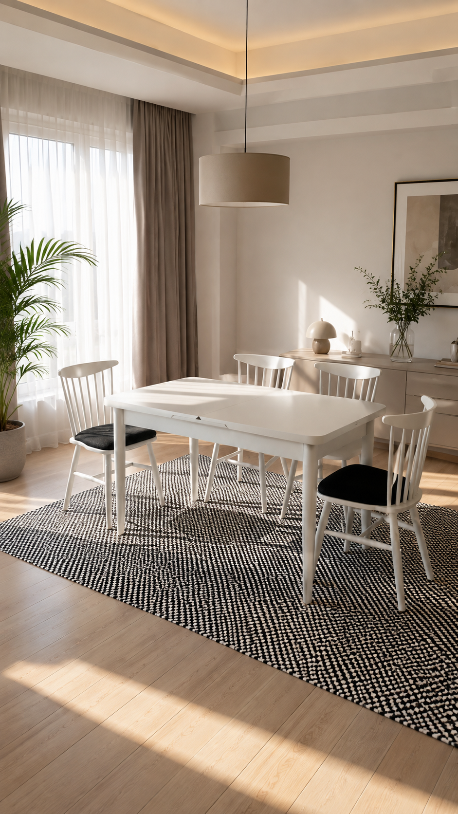 Akasya Ahşap Beyaz Renk Dikdörtgen Açılır Masa Takımı 127x70 Cm - 4 Adet Ahşap Sandalye Bohem & İskandinav Şık Tasarım