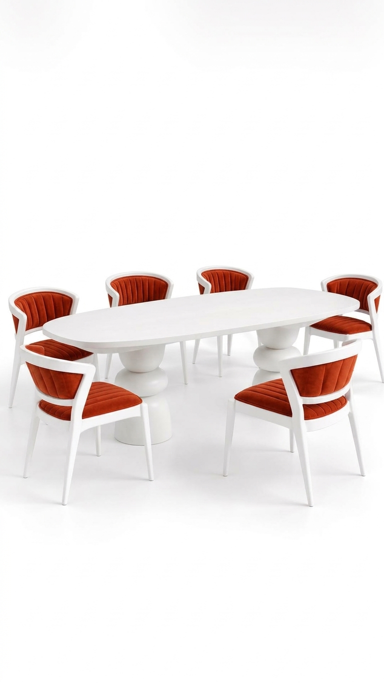 Alberohome Beyaz Oval Yemek Masası ve Kiremit Rengi Kadife Sandalyeli Yemek Takımı – 160x90 cm
