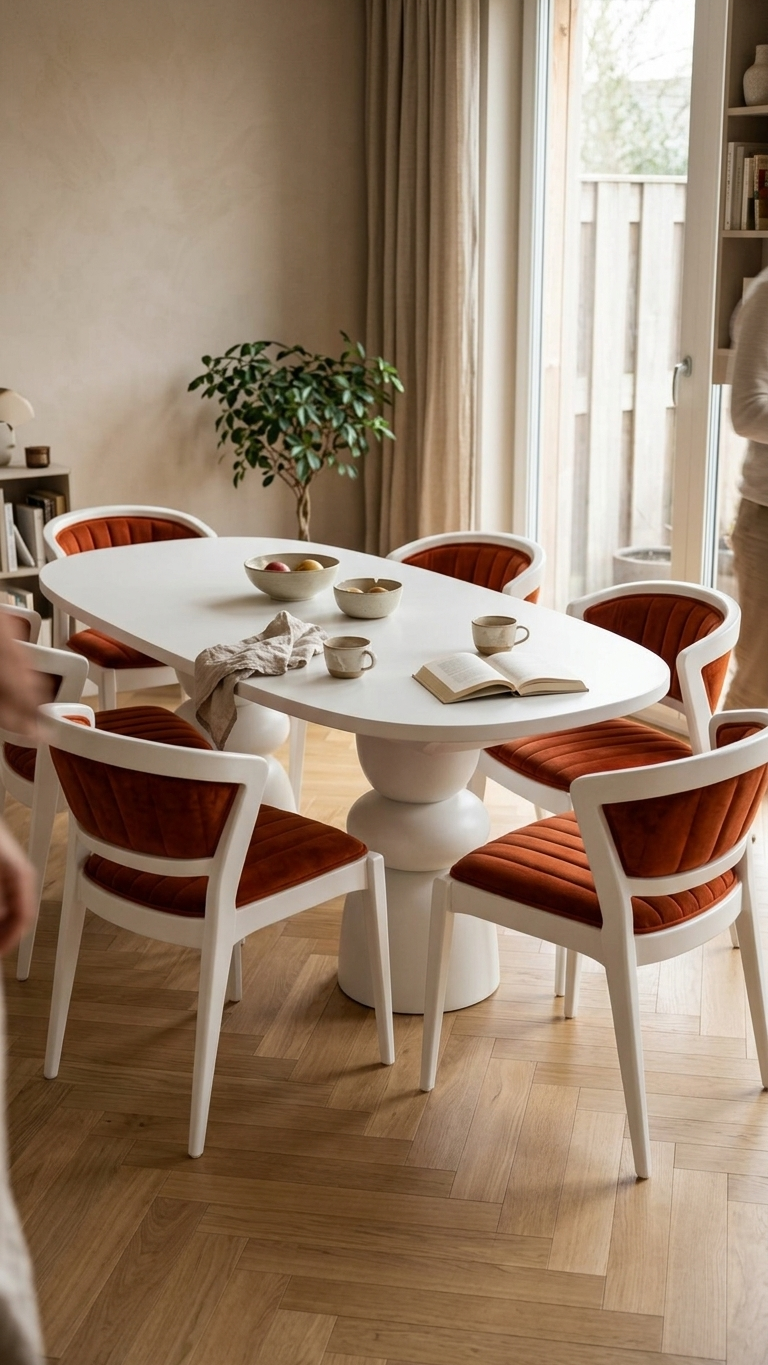 Alberohome Beyaz Oval Yemek Masası ve Kiremit Rengi Kadife Sandalyeli Yemek Takımı – 160x90 cm