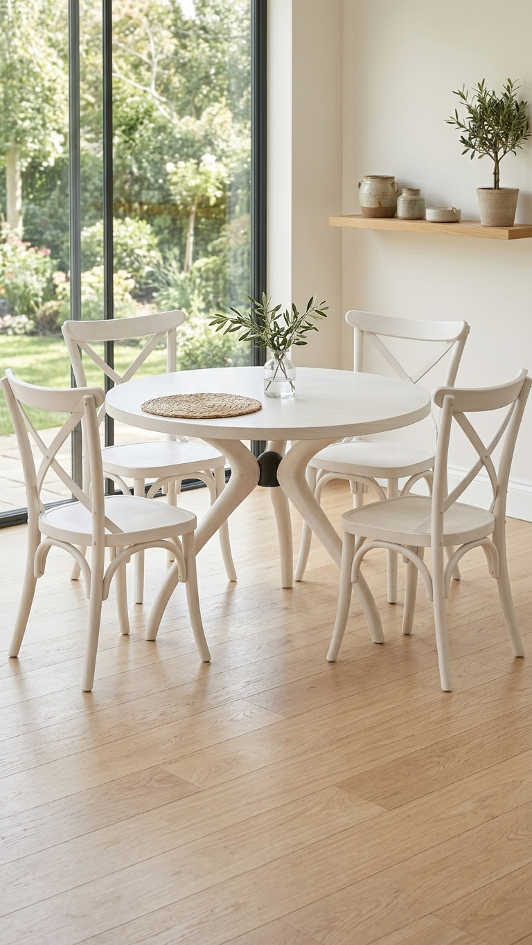 Alberohome Beyaz Yuvarlak Yemek Masası ve 4 Sandalyeli Takım