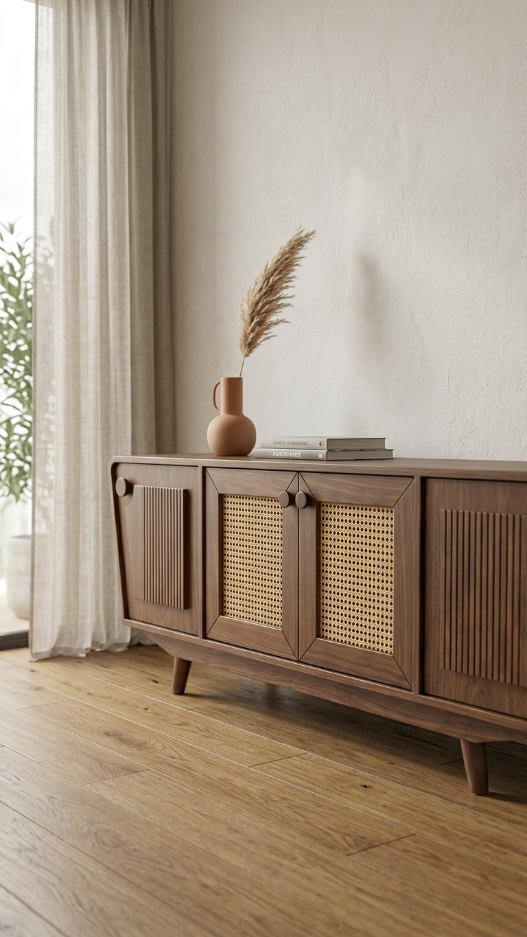 Alberohome Ceviz Renk Hasır Detaylı Modern TV Ünitesi 180 cm