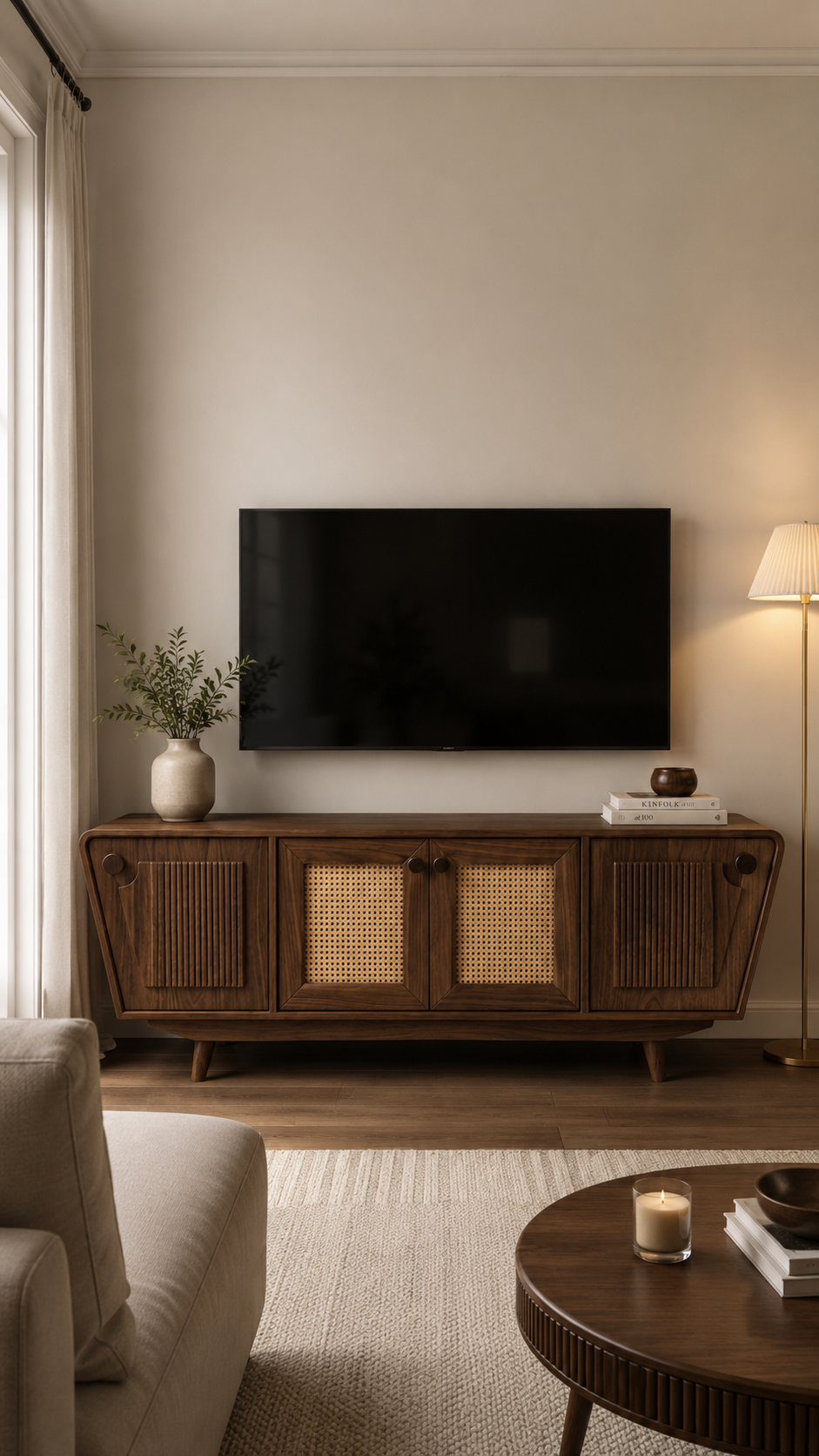 Alberohome Ceviz Renk Hasır Detaylı Modern TV Ünitesi 180 cm