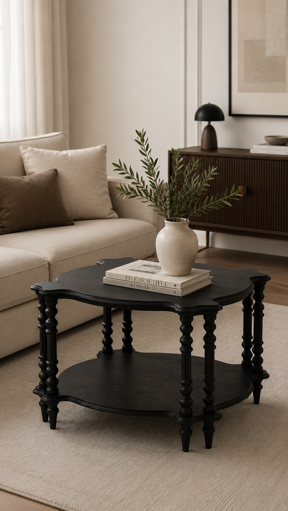 Alberohome Klasik Ahşap Orta Sehpa 76x76x48 cm Çift Raflı Sehpa