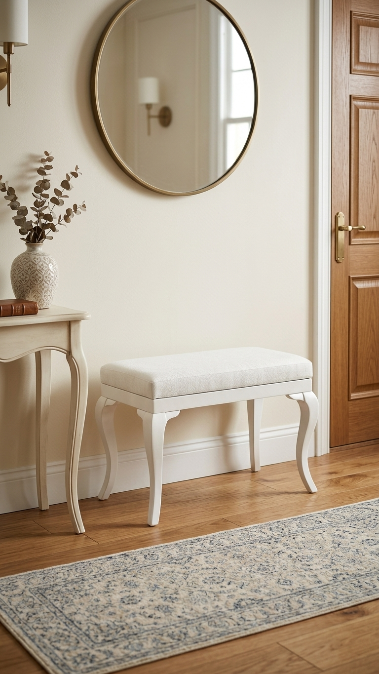 Alberohome Klasik Bench Puf 62x42 cm – Beyaz Ahşap Ayaklı Oturma Pufu