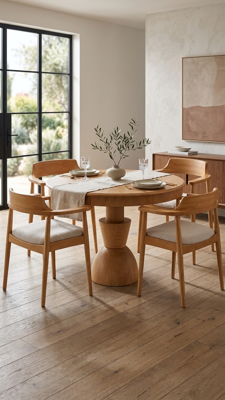 Alberohome Meşe Rengi Yuvarlak Ahşap Yemek Masası Takımı – 4 Kişilik
