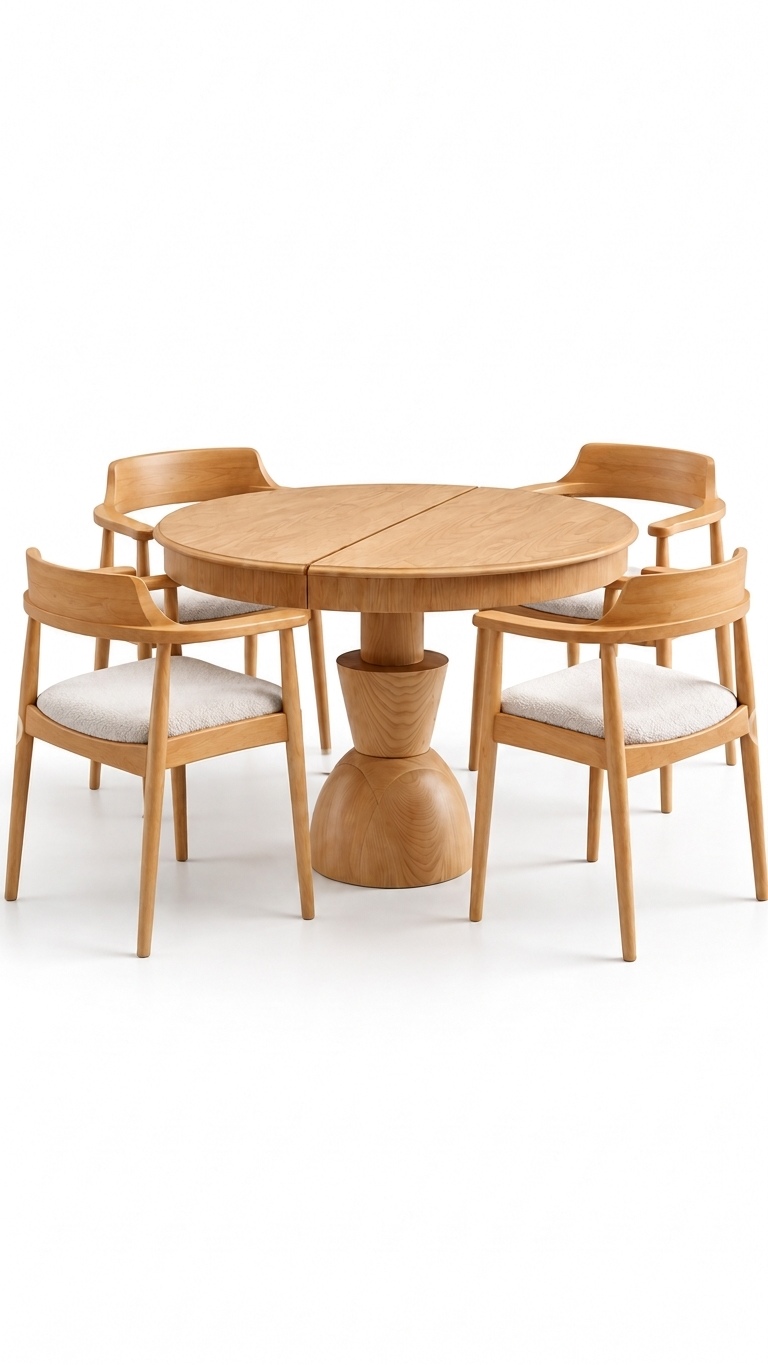 Alberohome Meşe Rengi Yuvarlak Ahşap Yemek Masası Takımı – 4 Kişilik
