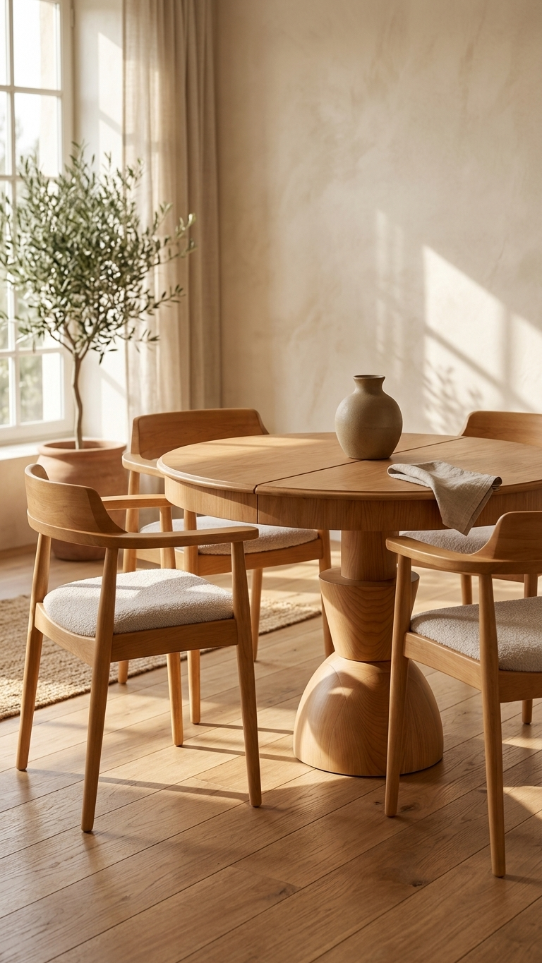 Alberohome Meşe Rengi Yuvarlak Ahşap Yemek Masası Takımı – 4 Kişilik