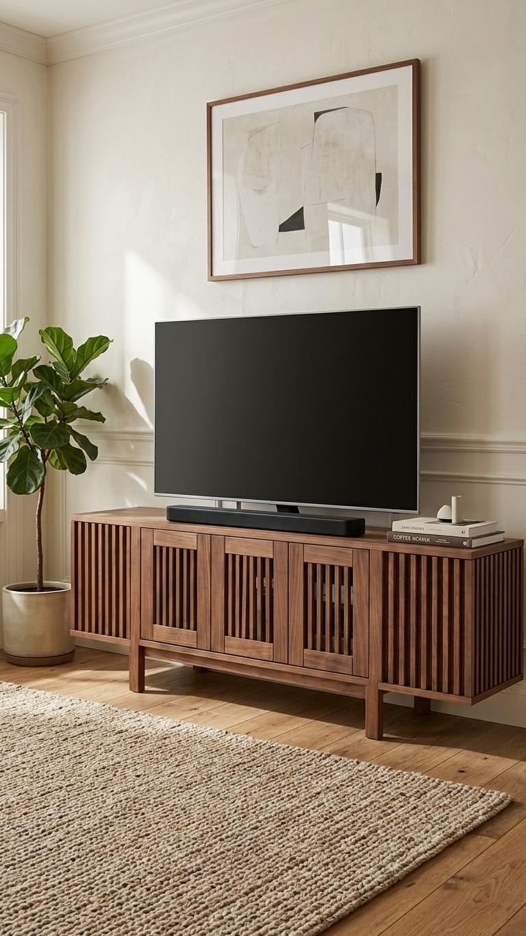 Alberohome Modern Ahşap Çıtalı TV Ünitesi 180 cm – Ceviz Renk