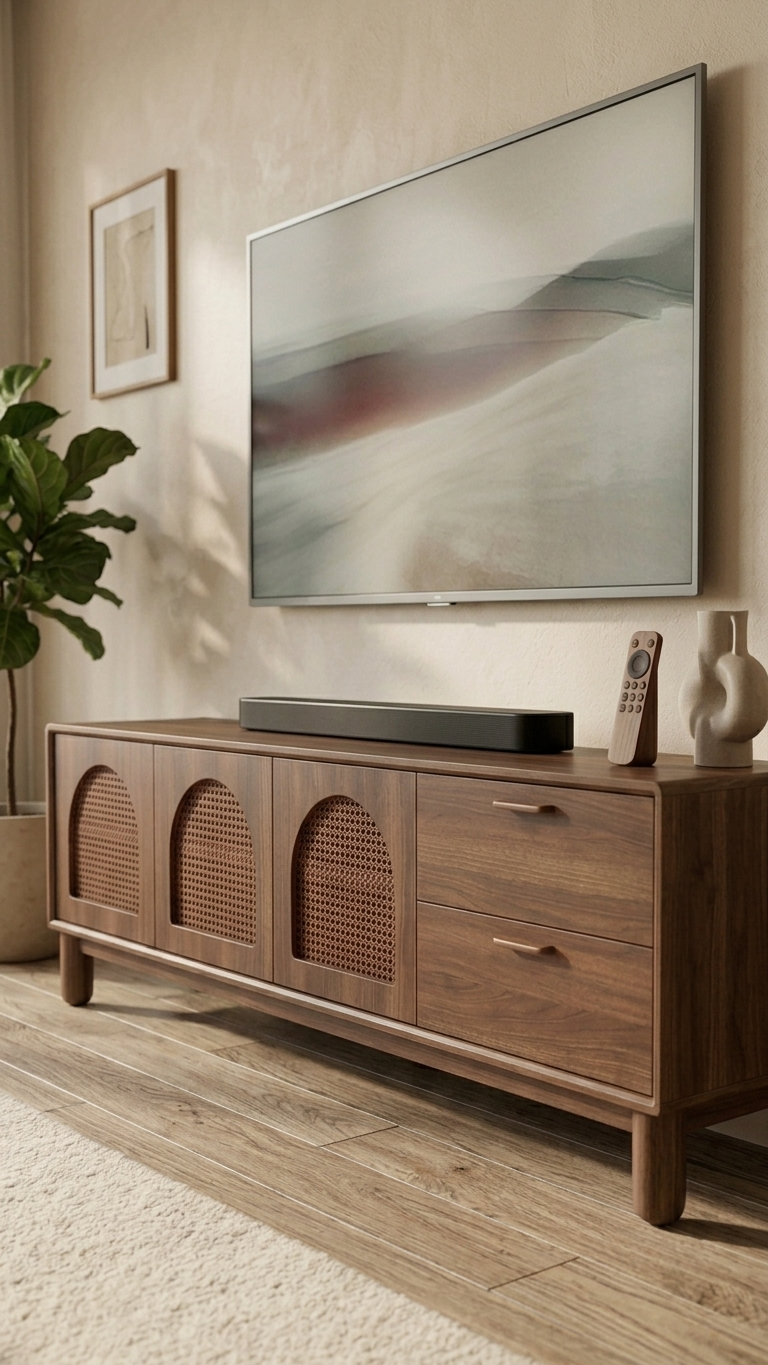 Alberohome Modern Hasır Detaylı TV Ünitesi 180 cm Ahşap Televizyon Ünitesi