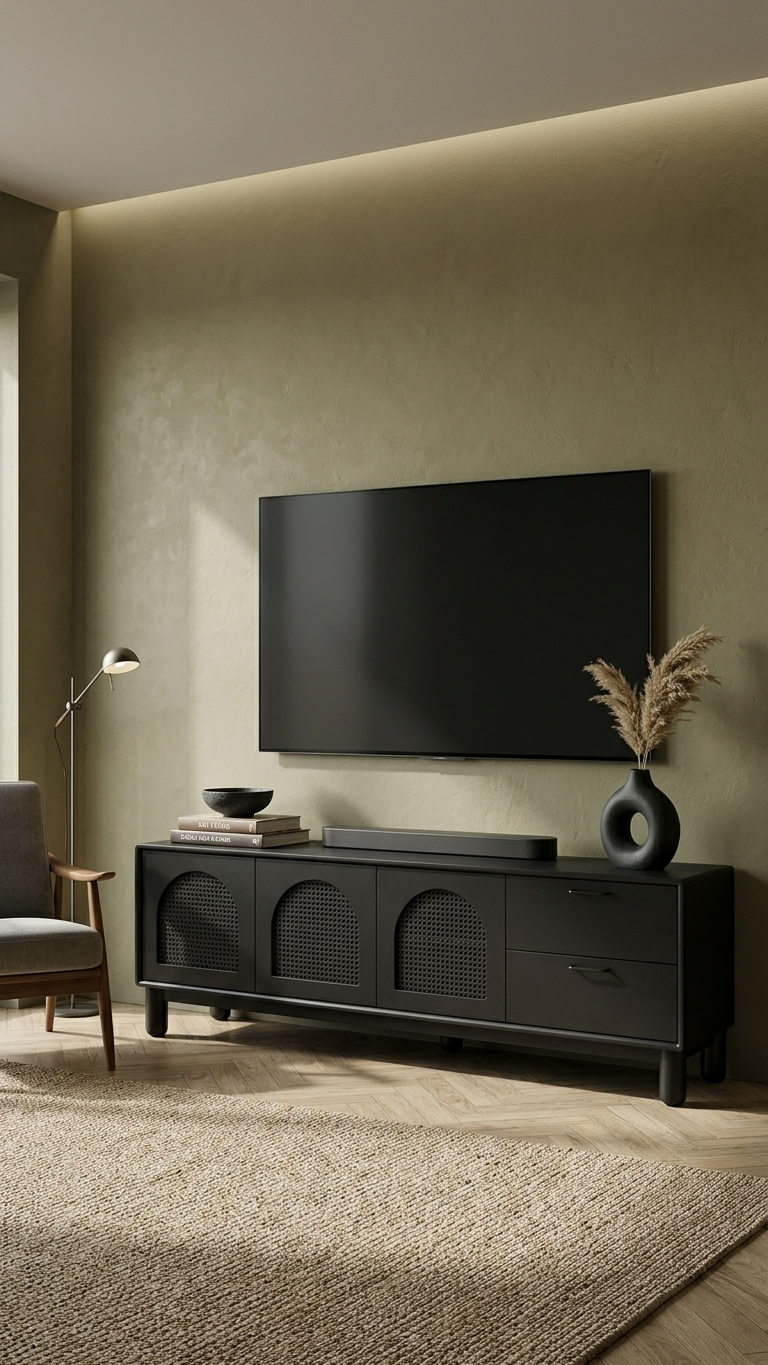 Alberohome Modern Hasır Detaylı TV Ünitesi 180 cm Ahşap Televizyon Ünitesi