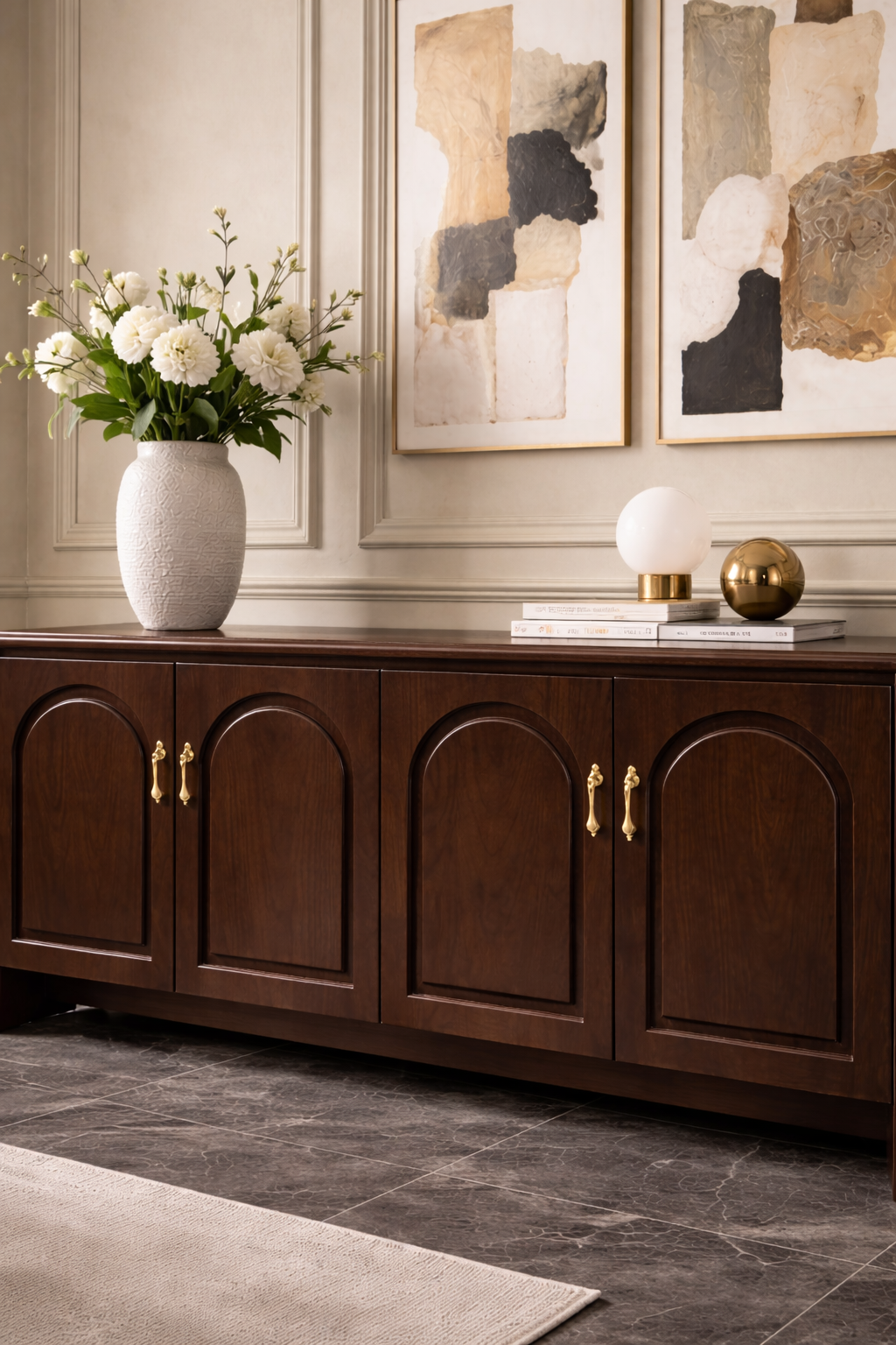 Arka Serisi Kemer Kapaklı Ahşap Konsol – Klasik Çizgili Salon Konsolu – 190 × 43 × 84 cm