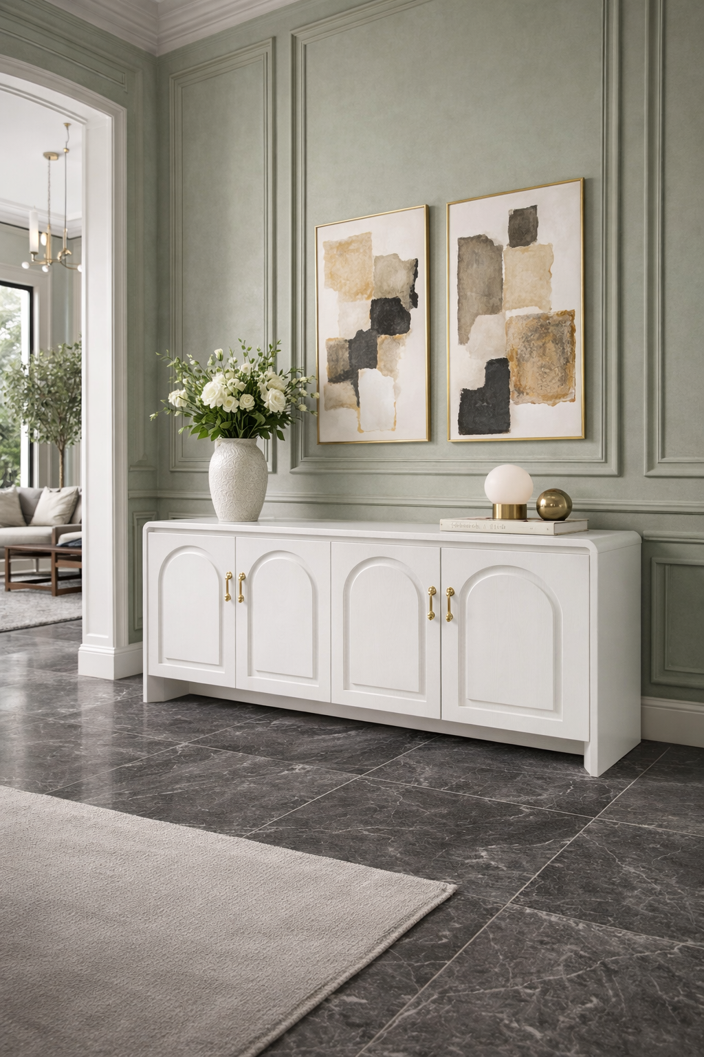 Arka Serisi Kemer Kapaklı Ahşap Konsol – Klasik Çizgili Salon Konsolu – 190 × 43 × 84 cm