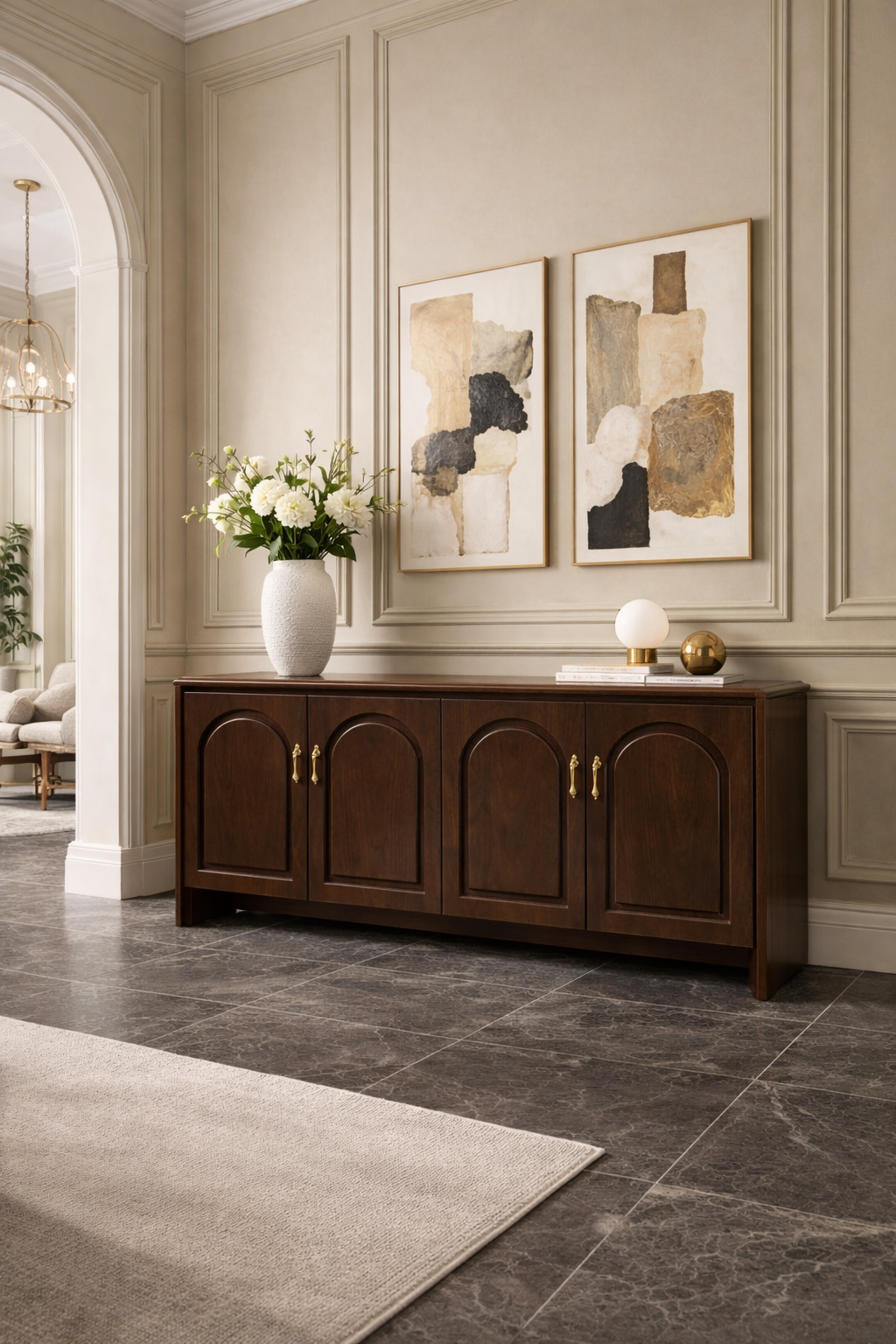 Arka Serisi Kemer Kapaklı Ahşap Konsol – Klasik Çizgili Salon Konsolu – 190 × 43 × 84 cm