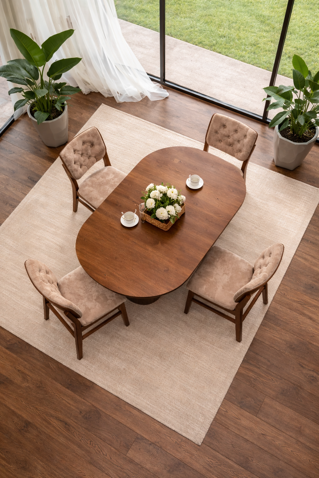 Arvento Oval Ahşap Yemek Masası Takımı – 4 Sandalyeli Modern Yemek Odası Seti – 180 × 90 cm