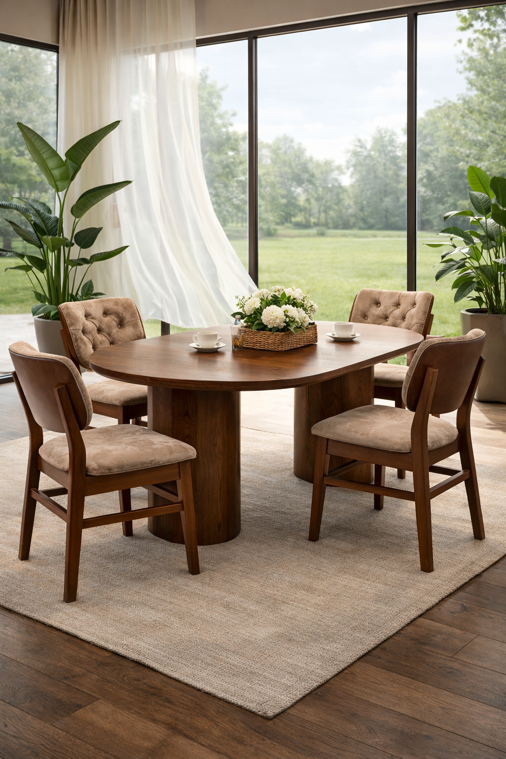 Arvento Oval Ahşap Yemek Masası Takımı – 4 Sandalyeli Modern Yemek Odası Seti – 180 × 90 cm