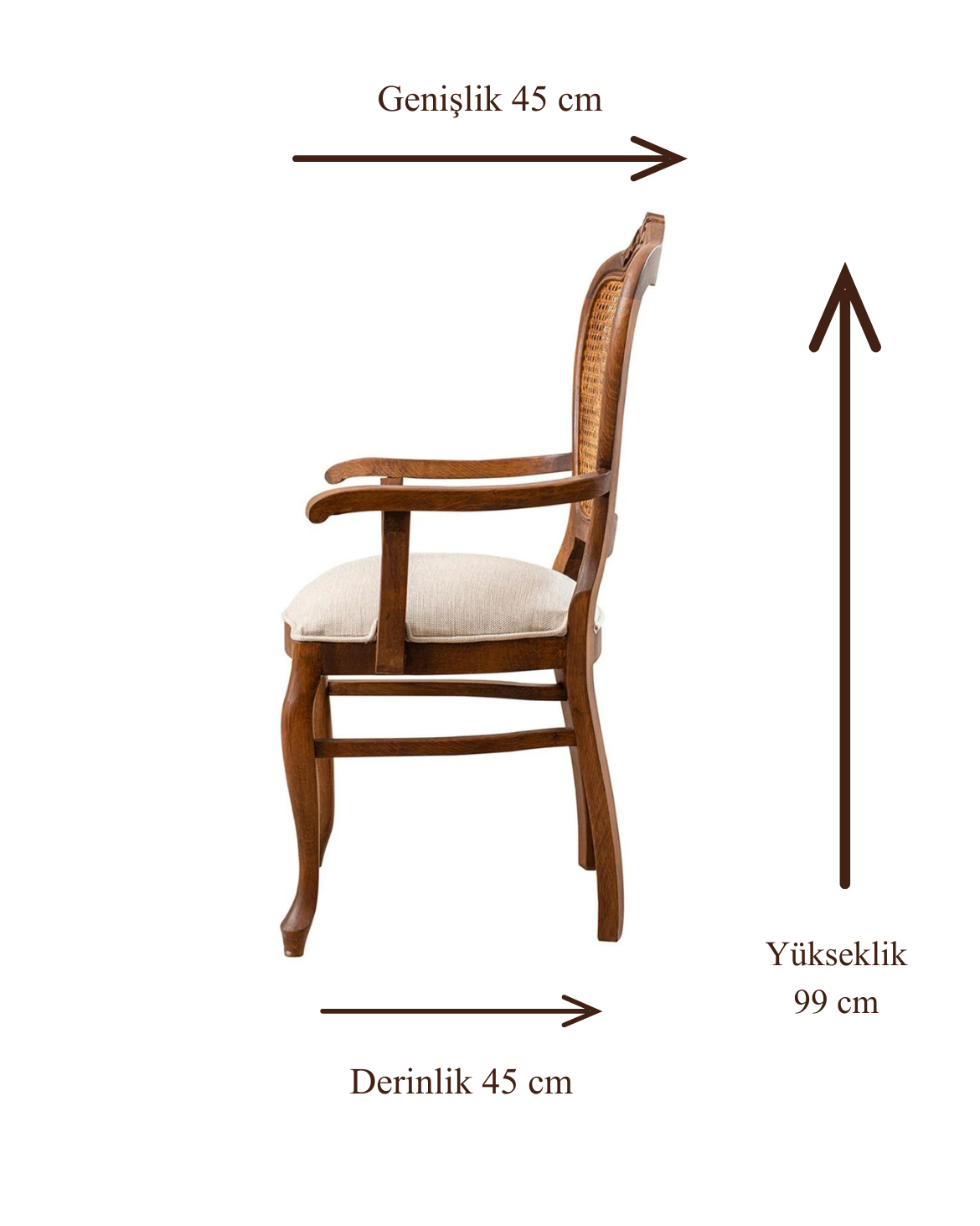 Boyne Doğal Ahşap Kayın Ceviz Renk Hazeranlı Kolçaklı Sandalye Detaylı İşçilik Modern Şık Tasarım