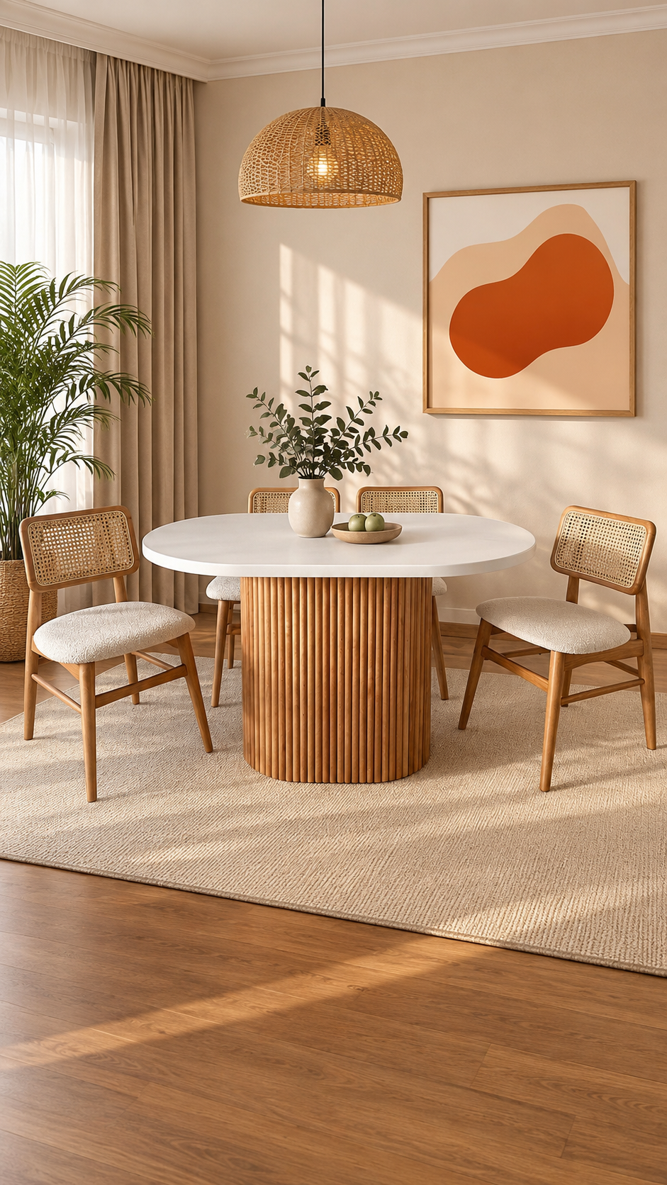 Camelia Beyaz Tabla Naturel Renk Ayaklı Oval Ahşap Masa Takımı 80x130 cm - 4 Adet Naturel Renk Hazeranlı Sandalye Bohem & İskandinav Şık Tasarım