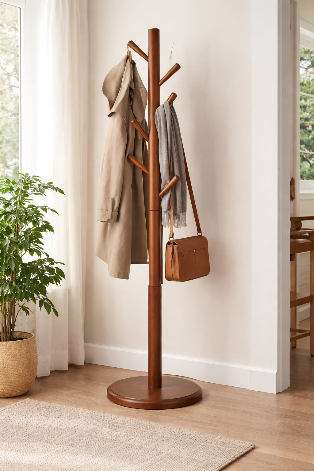 Dik Gövdeli Ahşap Askılık – Ağaç Formlu Modern Portmanto – 178 cm