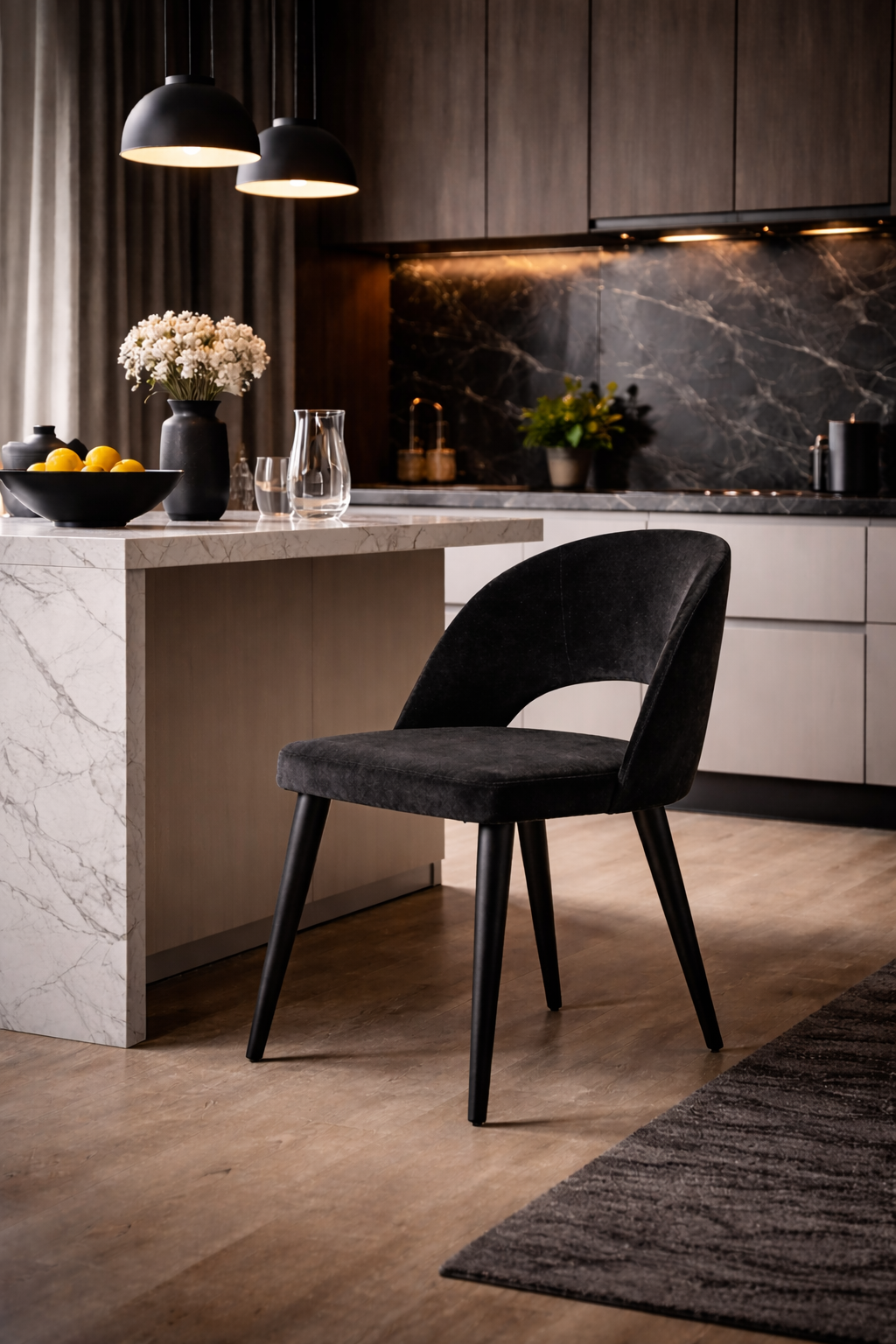 Fiorella Doğal Ahşap Döşemeli Siyah Sandalye El İşçiliği Modern Tasarım