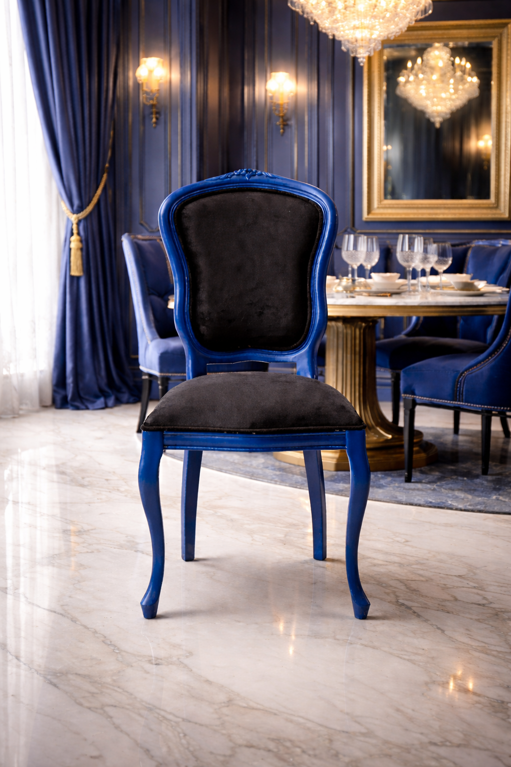 İndigo Doğal Kayın Ahşap Çivit Mavisi Renk Döşemeli Sandalye Detaylı İşçilik Modern Şık Tasarım