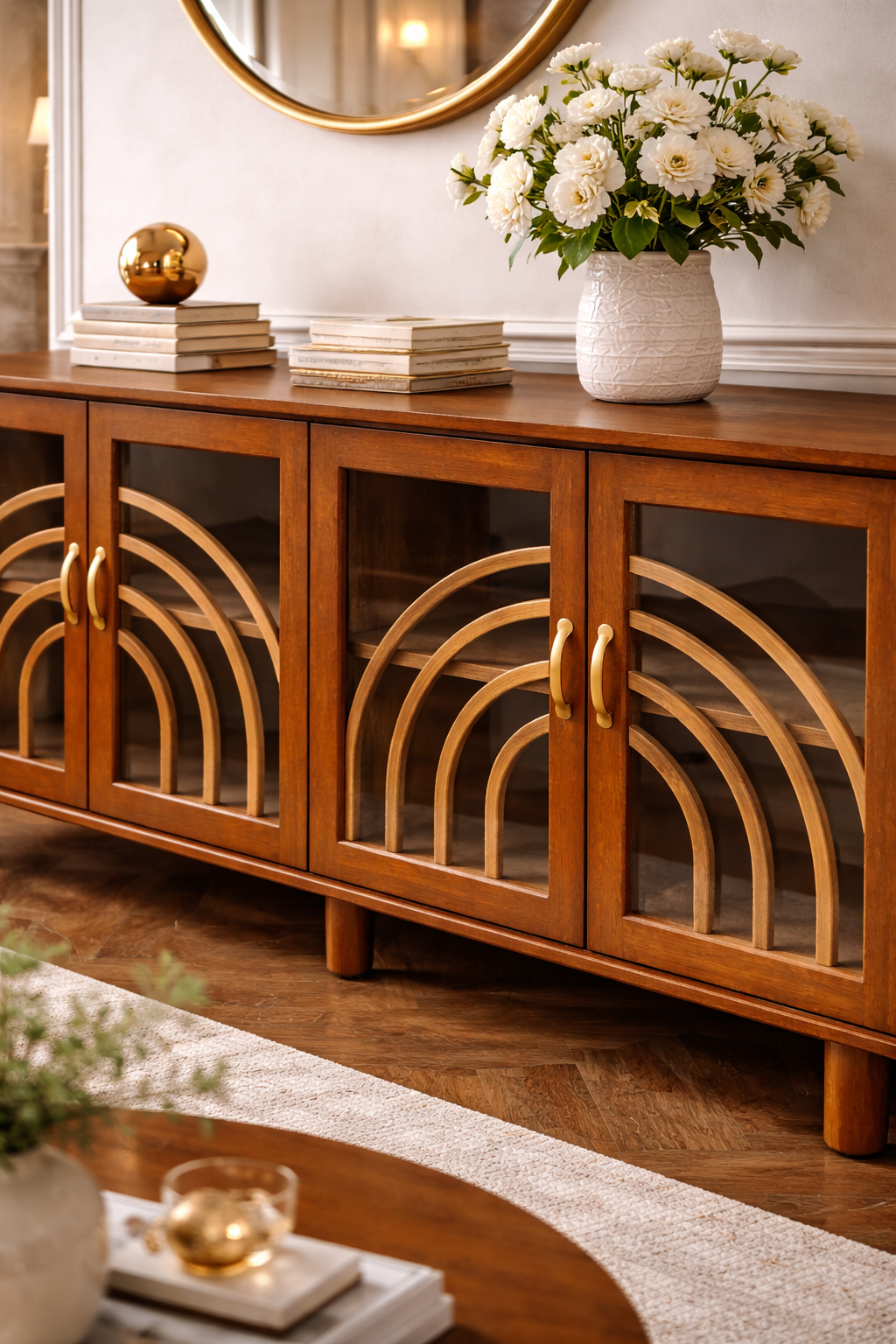 İstanbul Serisi Cam Kapaklı Ahşap Konsol – Dekoratif Desenli Salon Konsolu – 200 × 45 × 85 cm