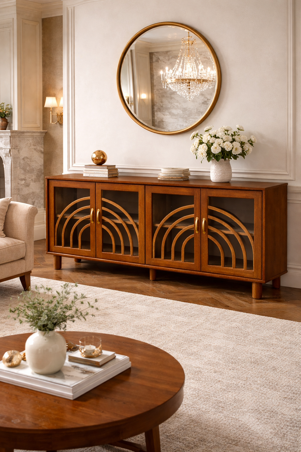 İstanbul Serisi Cam Kapaklı Ahşap Konsol – Dekoratif Desenli Salon Konsolu – 200 × 45 × 85 cm