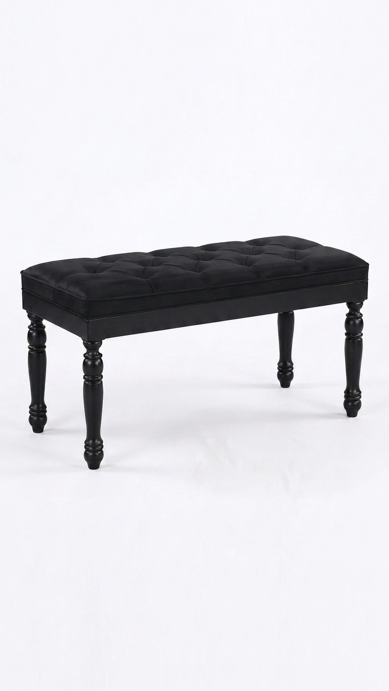 Kapitoneli Beyaz Bench Puf 90x40 cm | Ahşap Ayaklı Oturma Pufu