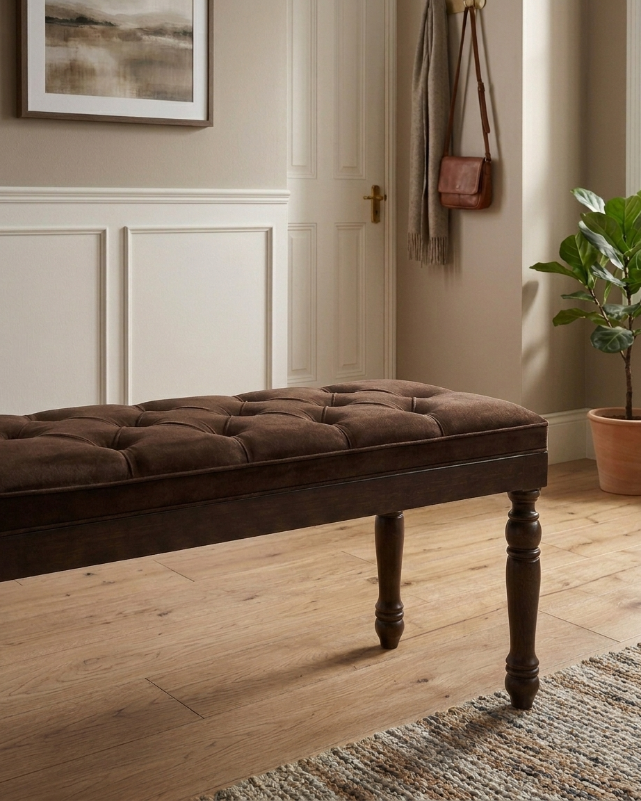 Kapitoneli Beyaz Bench Puf 90x40 cm | Ahşap Ayaklı Oturma Pufu