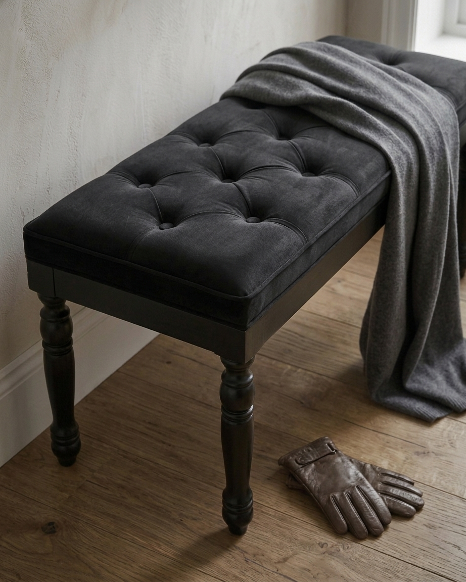 Kapitoneli Beyaz Bench Puf 90x40 cm | Ahşap Ayaklı Oturma Pufu