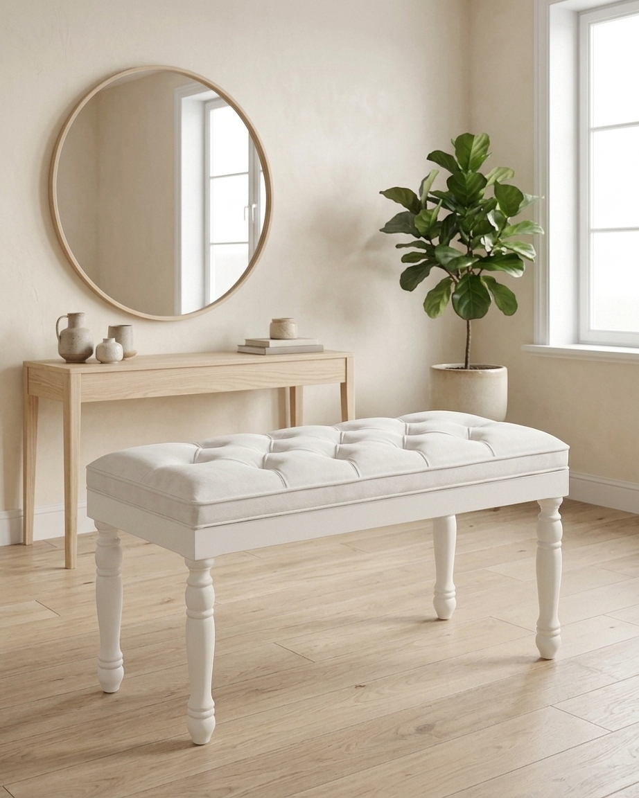 Kapitoneli Beyaz Bench Puf 90x40 cm | Ahşap Ayaklı Oturma Pufu