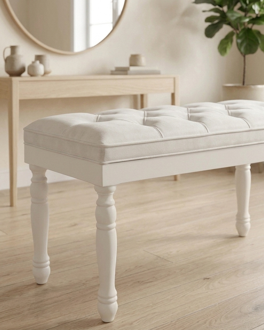Kapitoneli Beyaz Bench Puf 90x40 cm | Ahşap Ayaklı Oturma Pufu