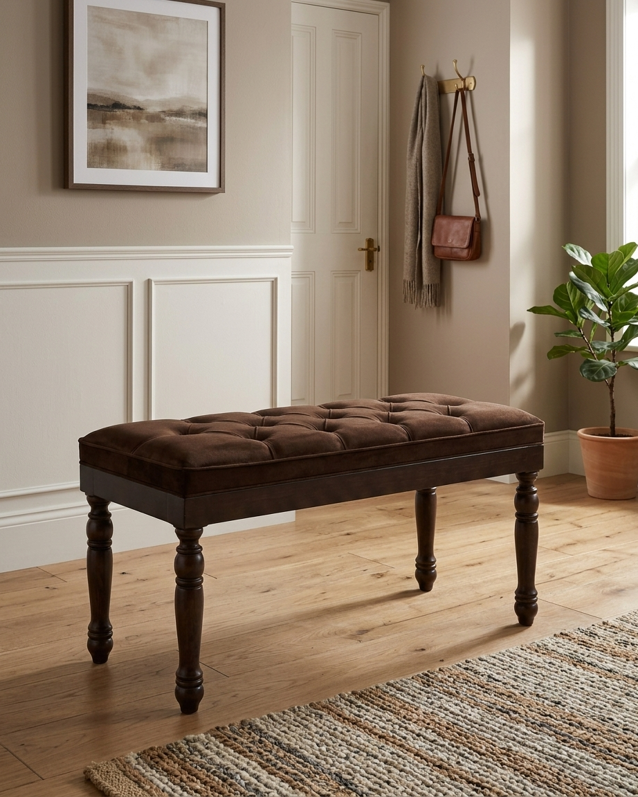 Kapitoneli Beyaz Bench Puf 90x40 cm | Ahşap Ayaklı Oturma Pufu